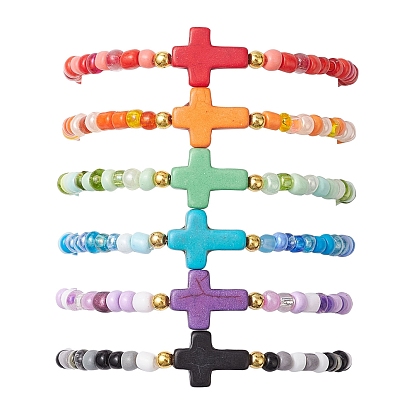 6шт. синтетические бирюзовые браслеты с бусинами, со стеклянными бисеринами, крестик