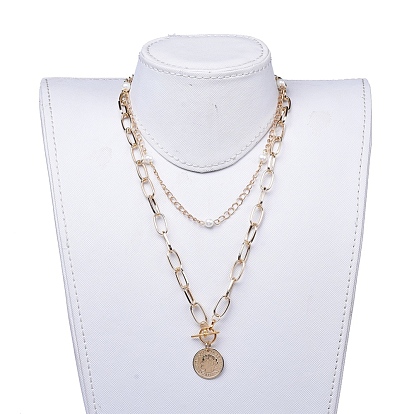 Fábrica de China Conjunto de collares pendientes, con 304 colgantes de monedas de acero inoxidable, perlas vidrio y cadenas de clips de aluminio, plano y redondo Collar de perlas de vidrio: