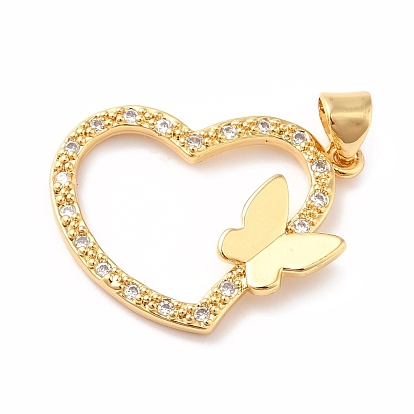 Rack Plating Brass Micro Pave Clear Cubic Zirconia Pendants, Long-Lasting Plated, Heart with Butterfly