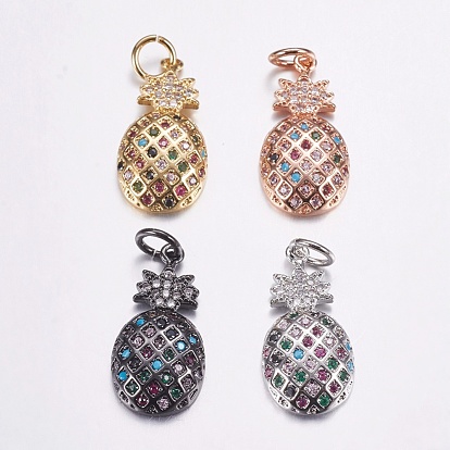 Brass Micro Pave Cubic Zirconia Pendants, Long-Lasting Plated, Pineapple