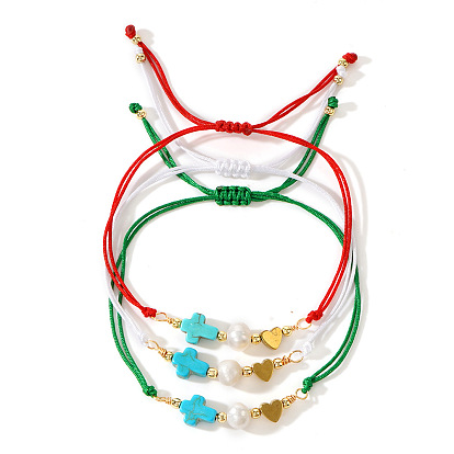 Браслеты из пресноводного жемчуга и бирюзовых бусин, плетеные браслеты из нейлонового шнура для женщин, крест и сердце