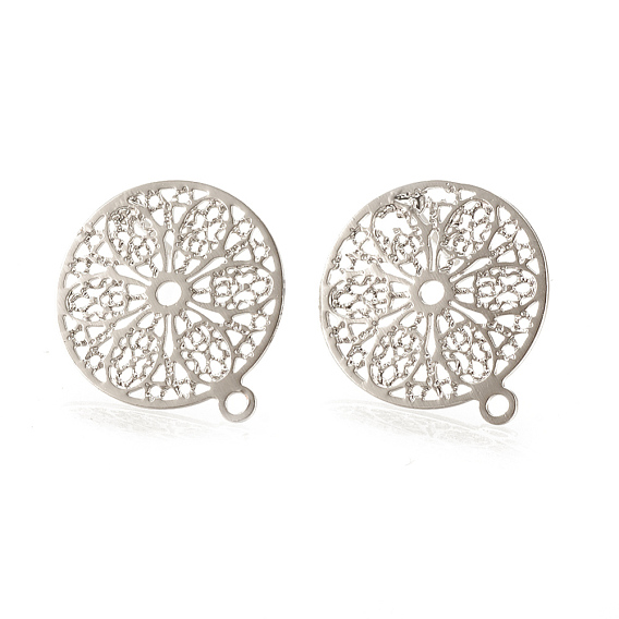 Brass Stud Earring Findings, with Loop, Flat Round with Flower, Nickel Free