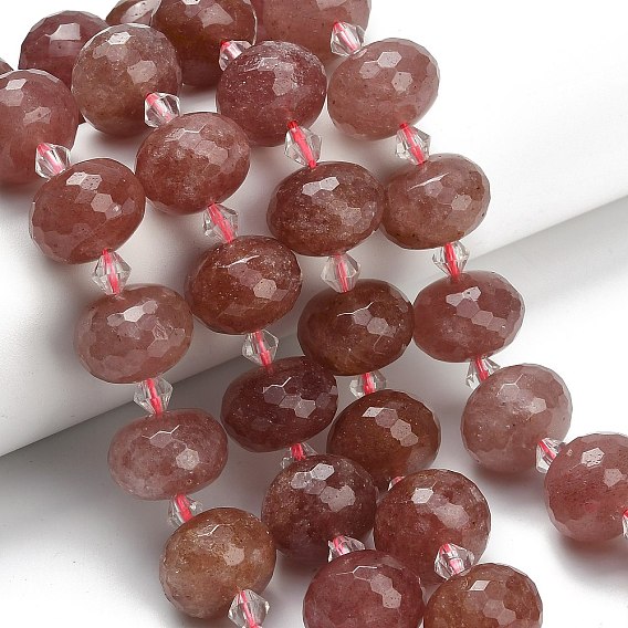 Природного кварца клубники нитей бисера, рондель, граненые, со стеклянными бусинами
