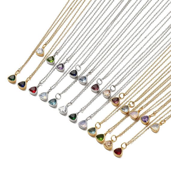 Triangle Cubic Zirconia Pendant Necklaces, 304 Stainless Steel Cable Chain Necklace for Women