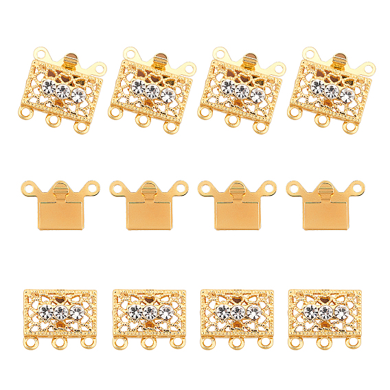 Brass Filigree Box Clasps, with Rhinestone, Rectangle