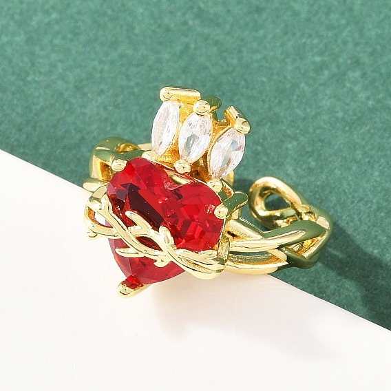 Манжеты из латуни с микро паве кубический цирконий для женщин, сердце, со стеклом, стойки покрытие, долговечный, без свинца и без кадмия