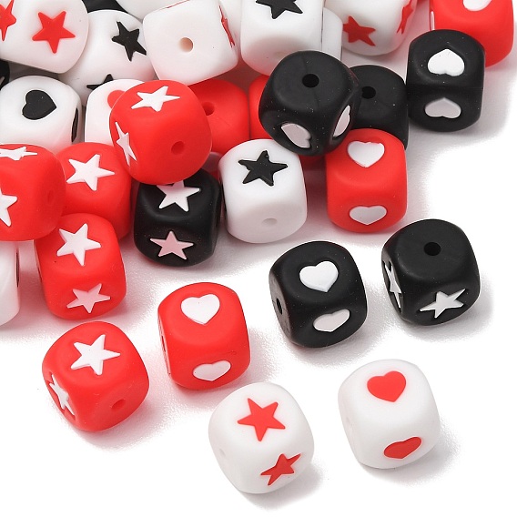 Perlas de silicona de grado alimenticio, cuentas focales, cubo con patrón de corazón y estrella