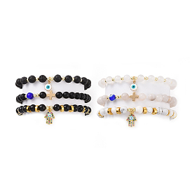 6Pcs 6 Style Natural Mixed Gemstone Beaded Stretch Bracelets Set, Lampwork Evil Eye & Cubic Zirconia Hamsa Hand & 304 Stainless Steel Cross Charms Stackable Bracelets for Women