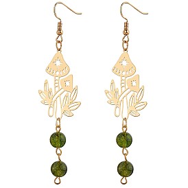 Hollow Mushroom Alloy Dangle Earrings, Natural Green Lodolite Quartz Beads Earrings Jewelry Gift for Women
