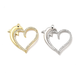 Brass Micro Pave Cubic Zirconia Pendants, Heart with Dolphin Charm