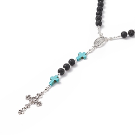 Natural Lava Rock & Synthetic Green Turquoise Rosary Bead Necklace, Alloy Virgin Mary & Cross Pendant Necklace for Women