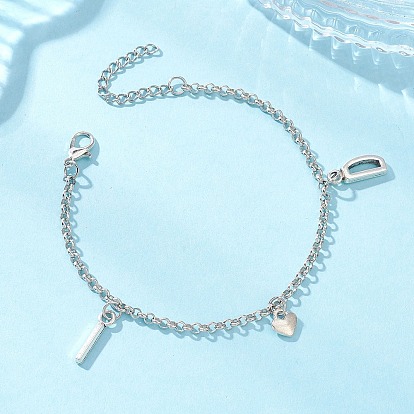 Браслеты с подвесками из сплава, браслеты из латунных цепей роло для женщин, буква ID и сердце