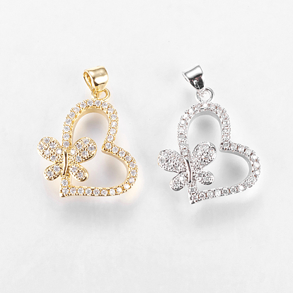 Brass Micro Pave Cubic Zirconia Pendants, Heart with Butterfly