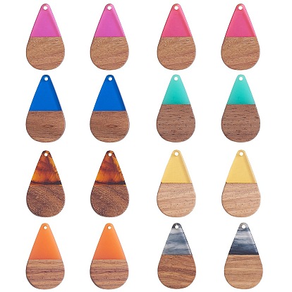 16Pcs 8 Styles Transparent Resin & Walnut Wood Pendants, Teardrop Charm