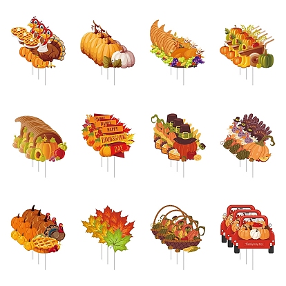 Thanksgiving Day Theme Cake Toppers, Papaer Cake Insert Card Decoration, Turkey/Pumpkin/Maple Leaf