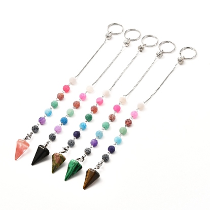 Keychain, Cone/Spike/Pendulum Natural & Synthetic Mixed Stone Chakra Dowsing Pendulum Pendants, with Natural Weathered Agate Round Beads, 304 Stainless Steel Findings and Brass Filigree Beads