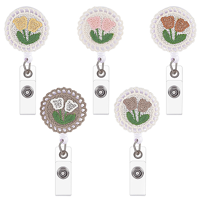 5шт. плоская круглая с вышитым цветком тканевая подставка для бейджа, с выдвижной катушкой для значков из АБС-пластика