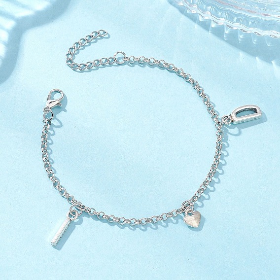 Браслеты с подвесками из сплава, браслеты из латунных цепей роло для женщин, буква ID и сердце