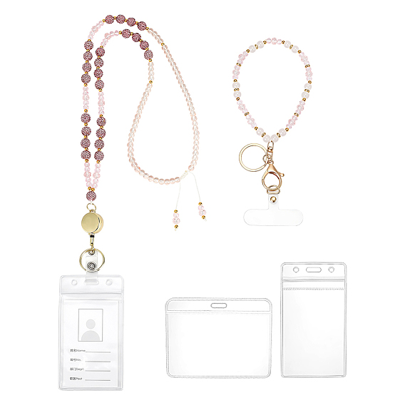 4Pcs Glass Bead Chain Retractable Badge Reel and Keychains Set,  with Plastic ID Card Badge Holder