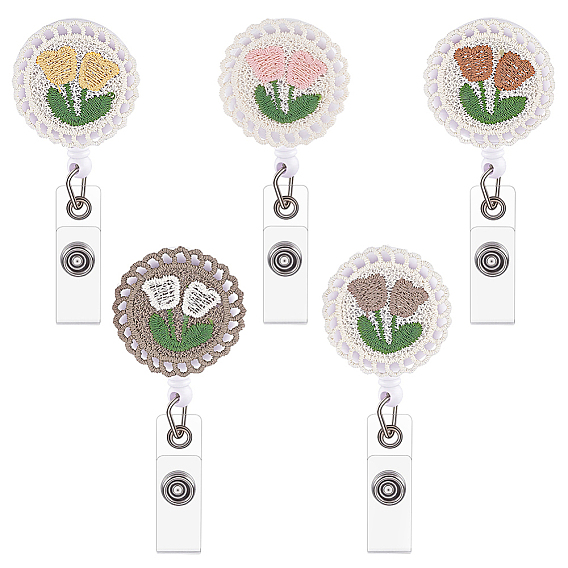 5Pcs Flat Round with Flower Cloth Embroidery Badge Holder, with ABS Plastic Retractable Badge Reel