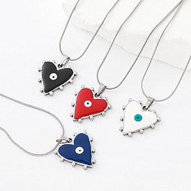 304 Collares con colgante de corazón y ojo turco de acero inoxidable esmaltado para mujer, color acero inoxidable