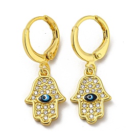 Real 18K Gold Plated Brass Dangle Leverback Earrings, with Enamel and Cubic Zirconia, Hamsa Hand with Evil Eye