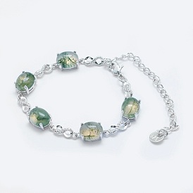 Natural Gemstone Link Chain Bracelets, with Brass Findings, Real Platinum Plated, Oval and Infinity