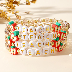 4Pcs Glass & Brass Beaded Apple Stretch Bracelet Sets for European and American Teachers