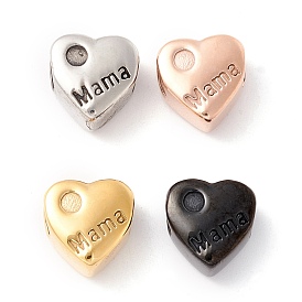 304 Stainless Steel European Beads, Large Hole Beads, Manual Polishing, Heart with Word Mama