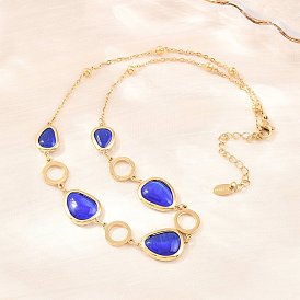 304 Колье-цепочка из нержавеющей стали с синим стеклом в форме капли для женщин, ионное покрытие (ip)