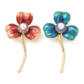 Clover Enamel Pins, Alloy Rhinestone Brooches, with Plastic Pearl, for Backpack Clothes