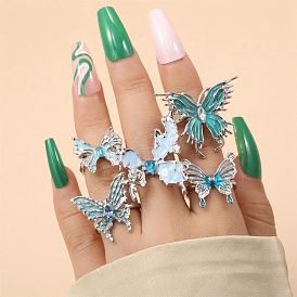 5Pcs 5 Styles Alloy Rhinestone Cuff Rings, Enamel Style, Butterfly