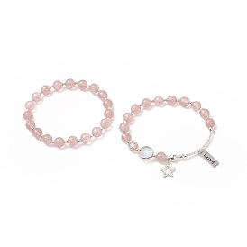 2Pcs 2 Style Natural Strawberry Quartz & Synthetic Moonstone Beaded Stretch Bracelets Set, 304 Stainless Steel Star Word Love Charms Bracelets for Women
