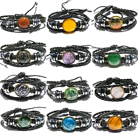 Natural & Synthetic Mixed Gemstone Flat Round Multi-strand Bracelets, Triple Layer Adjustable Bracelet