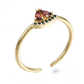 Brass Micro Pave Cubic Zirconia Cuff Rings, Open Rings, Nickel Free, Watermelon, Real 16K Gold Plated