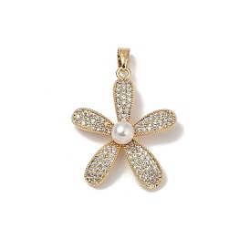 Латунные микропаве прозрачные подвески с фианитом, цветок, с пластиковой имитационной жемчужиной, золотые