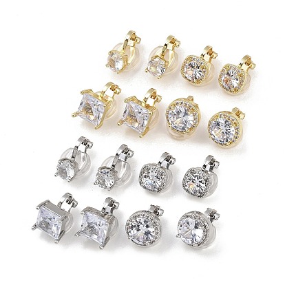 Латунные серьги-манжеты из прозрачного кубического циркония, с силиконовым, Плоский круглый и квадратный