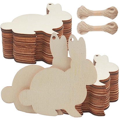 Undyed Wood Blank Tag Big Bunny Pendants, with Jute Twine, for DIY Craft Painting Decoration, Rabbit