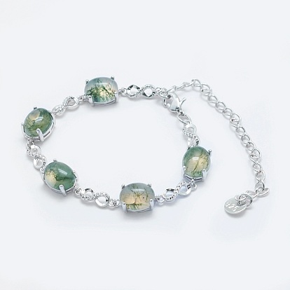 Natural Gemstone Link Chain Bracelets, with Brass Findings, Real Platinum Plated, Oval and Infinity