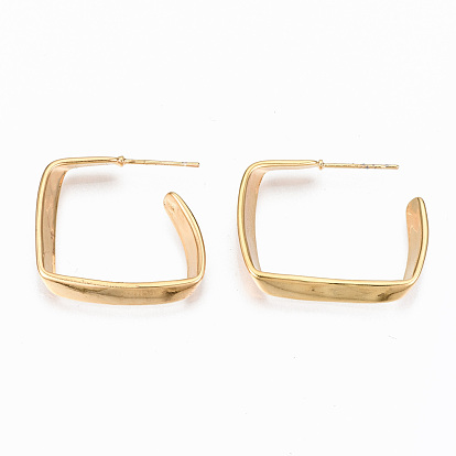 Brass Half Hoop Earrings, Stud Earring, Nickel Free, Rectangle