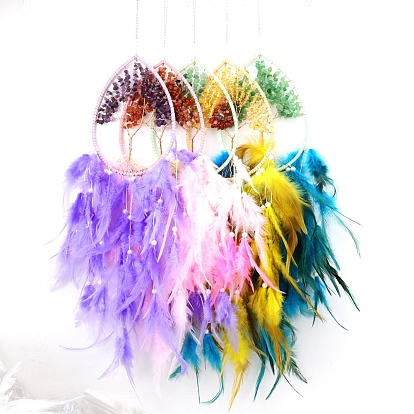 Teardrop with Tree of Life Natural Gemstone Chip Wind Chimes Pendant Decorations, with Feather, for Home Bedroom Hanging Decorations