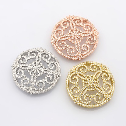 Filigree Flat Round Brass Micro Pave Cubic Zirconia Cabochons, Lead Free & Nickel Free & Cadmium Free, 36x10mm