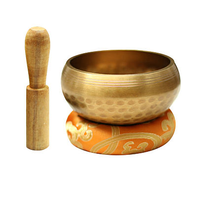 Tibetan Brass Singing Bowl & Wood Striker & Random Color Cloth Mat Set, Nepal Buddha Meditation Sound Bowl, Yoga Sound Bowls, for Holistic Stress Relief Meditation and Relaxation