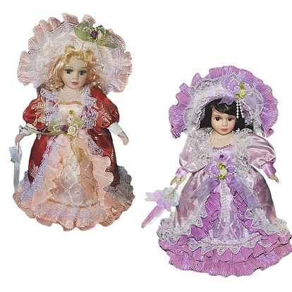 Adornos de exhibición de muñecas de porcelana, señora mujer con sombrero y vestido de tela, para el escritorio del hogar y la decoración de la casa de muñecas