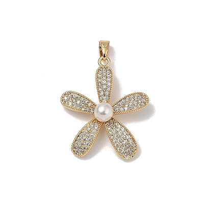 Латунные микропаве прозрачные подвески с фианитом, цветок, с пластиковой имитационной жемчужиной, золотые