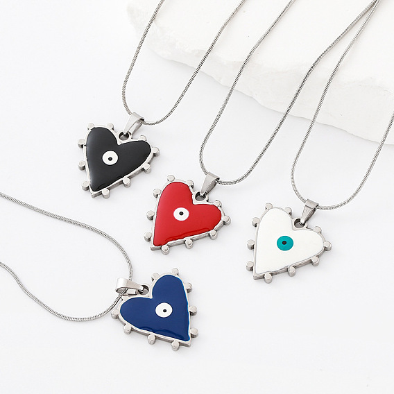 304 Collares con colgante de corazón y ojo turco de acero inoxidable esmaltado para mujer, color acero inoxidable