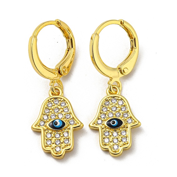 Real 18K Gold Plated Brass Dangle Leverback Earrings, with Enamel and Cubic Zirconia, Hamsa Hand with Evil Eye