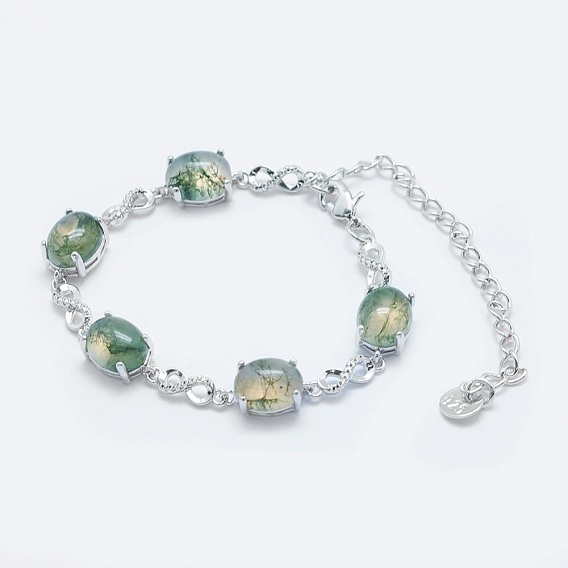 Natural Gemstone Link Chain Bracelets, with Brass Findings, Real Platinum Plated, Oval and Infinity