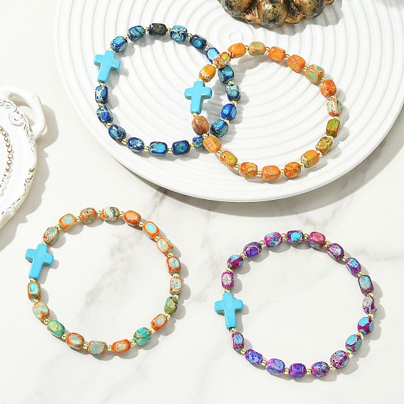 Synthetic Turquoise & Natural  Imperial Jasper Beads Stretch Bracelets for Women Men, Cudoid & Cross, Dyed, with Non-magnetic Synthetic Hematite Beads