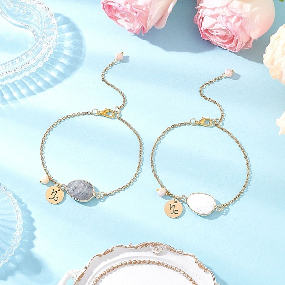 Ионное покрытие (ip) 304 браслеты из нержавеющей стали с подвесками в виде козерога, браслеты из натуральных бусин лабрадорита для женщин